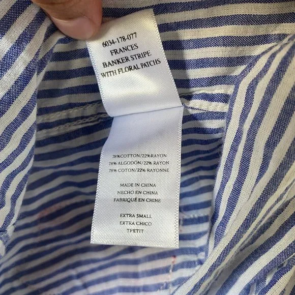 Rails Womens Blouse Size XS Frances Banker Stripe Floral Patch Button Down Shirt - Picture 11 of 11